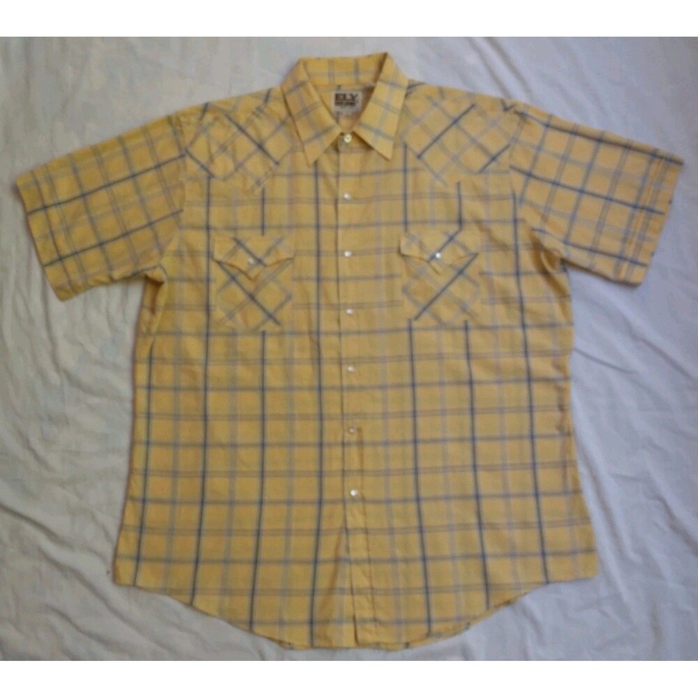 Vintage Ely Cattleman Pearl Snap Shirt Plaid Yellow Blue Western Rodeo Men's XL